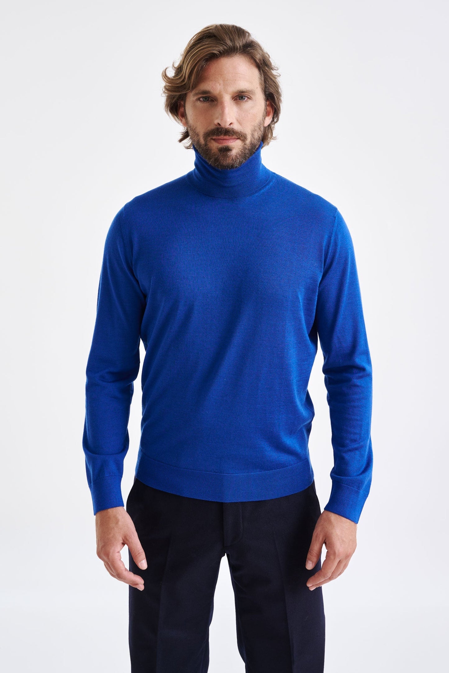 Galactic Blue Cashmere Merino Silk Blend Telford Turtleneck Sweater