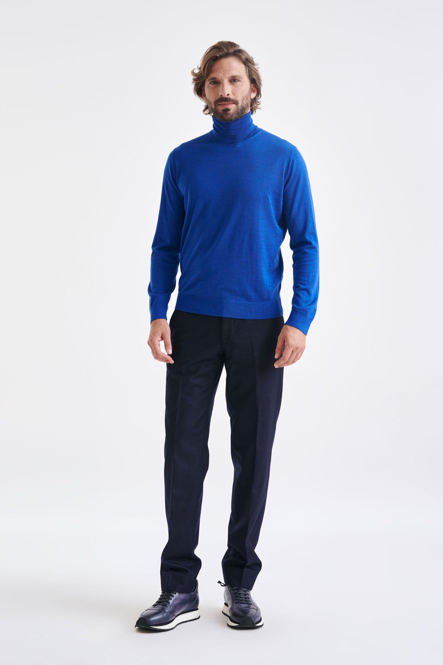 Galactic Blue Cashmere Merino Silk Blend Telford Turtleneck Sweater