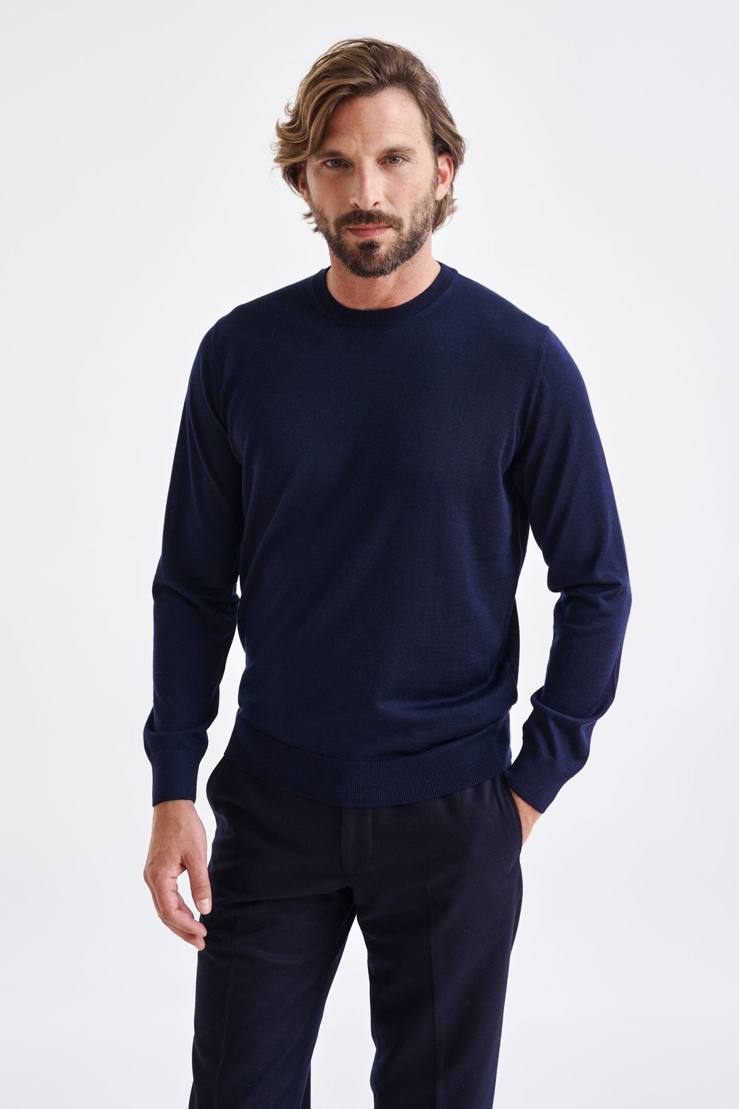 Navy Cashmere Merino Silk Blend Crewe Sweater