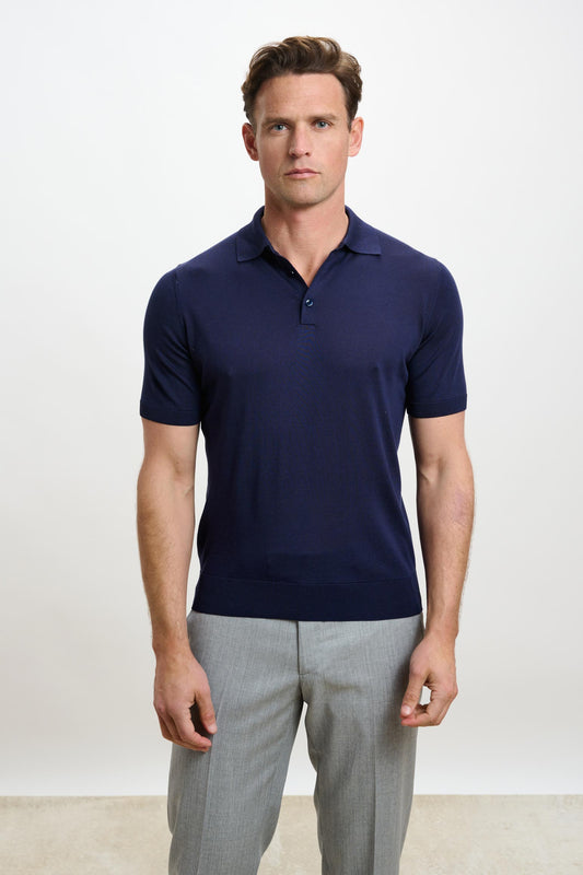 Kendal Silk Knitted Short Sleeve 3 Button Polo Shirt Navy