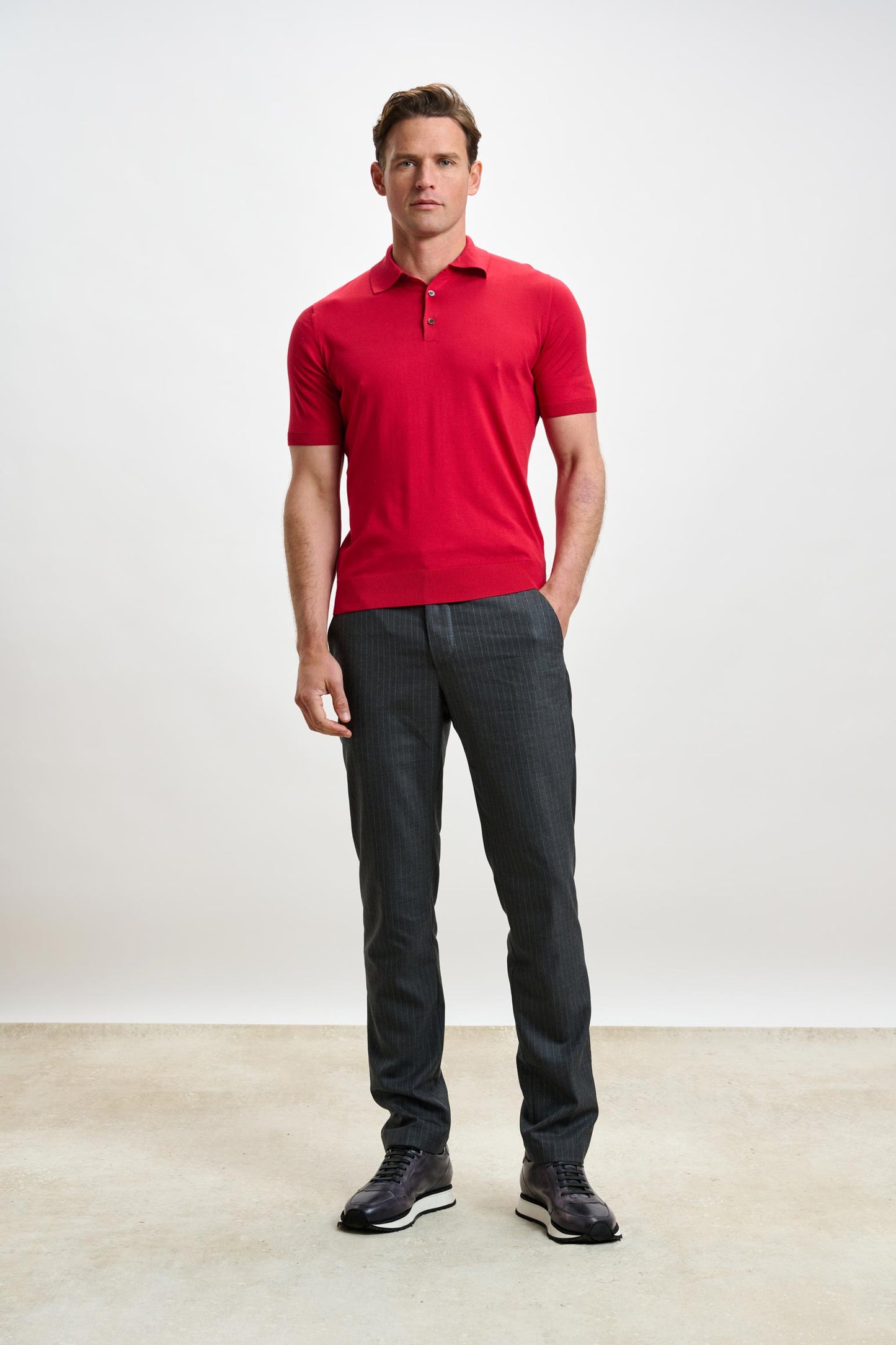 Kendal Silk Knitted Short Sleeve 3 Button Polo Shirt Carmine