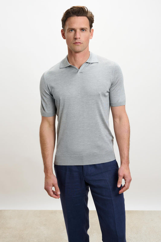 Cawdor Silk Knitted Short Sleeve Open Collar Polo Shirt Grey