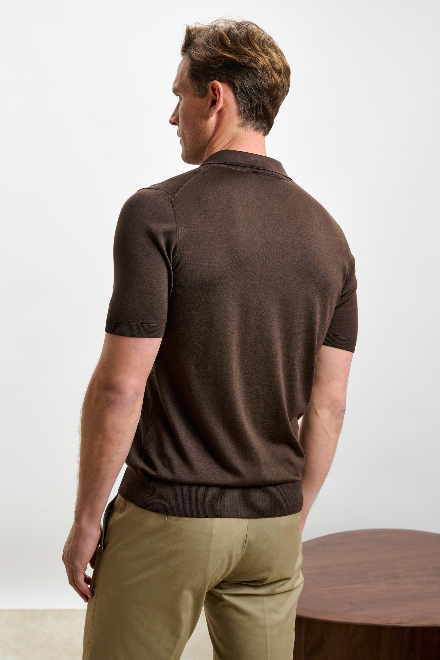 Cawdor Silk Knitted Short Sleeve Open Collar Polo Shirt Chocolate