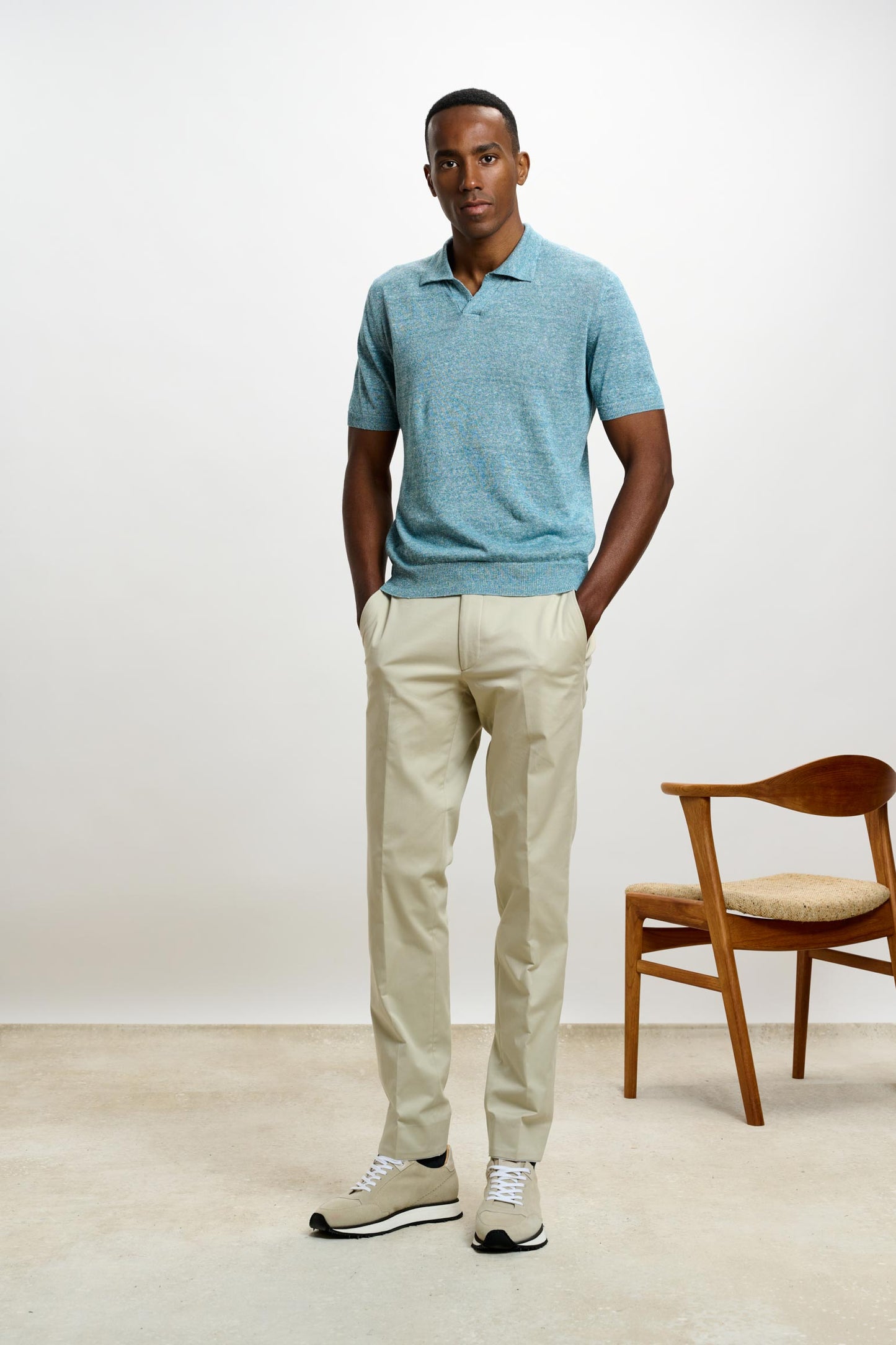 Cawdor Silk Knitted Short Sleeve Open Collar Polo Shirt Turquoise Blue