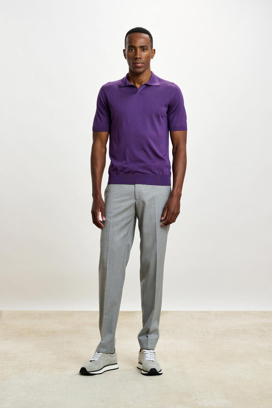 Cawdor Silk Knitted Short Sleeve Open Collar Polo Shirt Violet