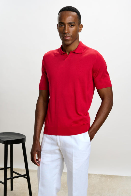 Cawdor Silk Knitted Short Sleeve Open Collar Polo Shirt Carmine