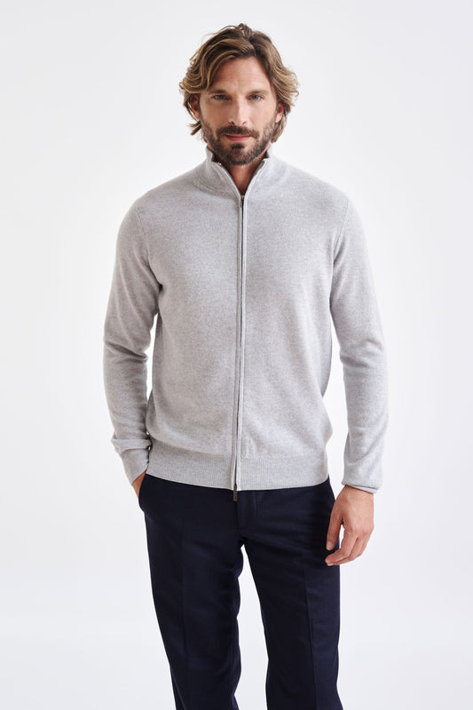 Light Grey Melange Wool & Cashmere Thurso Full Zip Sweater