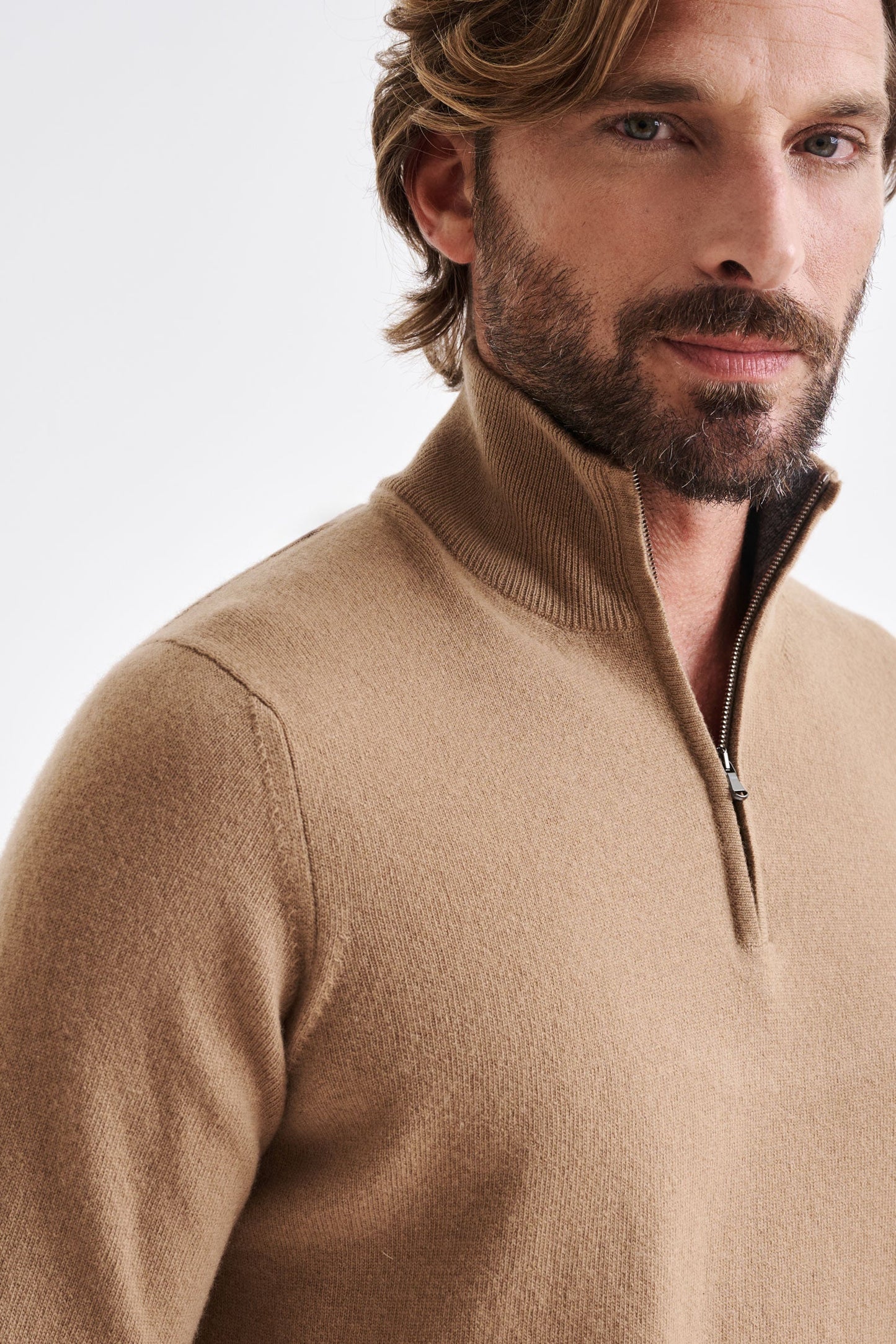 Camel Wool  & Cashmere Plockton Zipped  Mock Neck Sweater