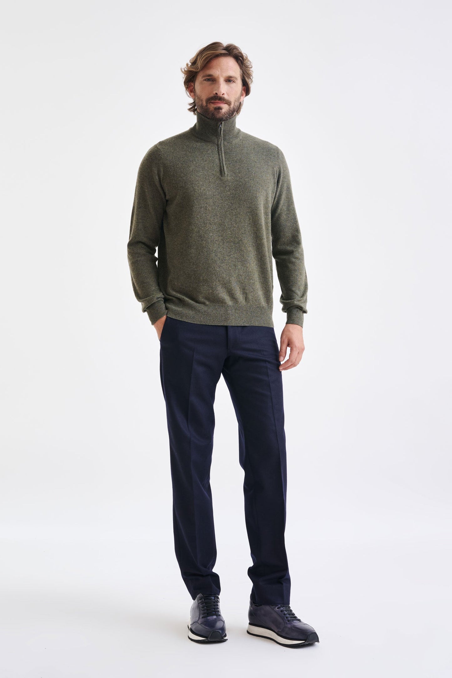 Moss Wool & Cashmere Plockton Zipped Mock Neck Sweater