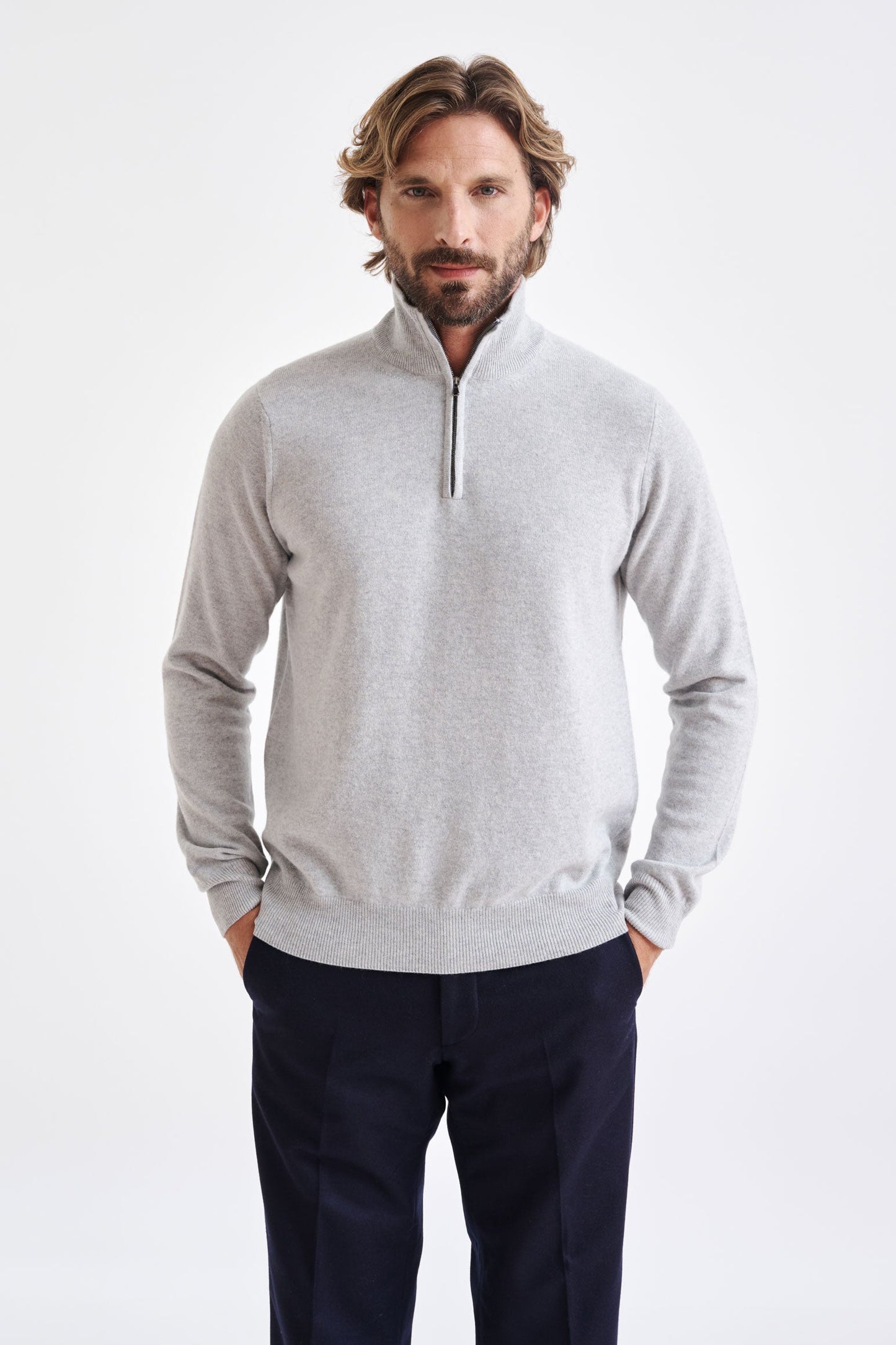 Light Grey Melange  Wool & Cashmere Plockton Zipped Mock Neck Sweater