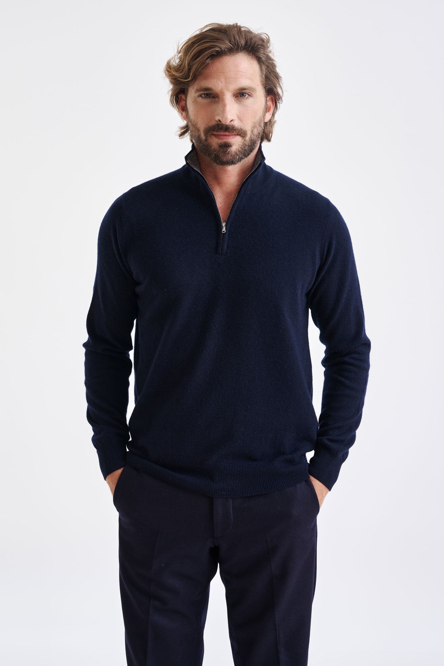 Navy Wool and Cashmere Plockton Zipped Mock Neck Sweater