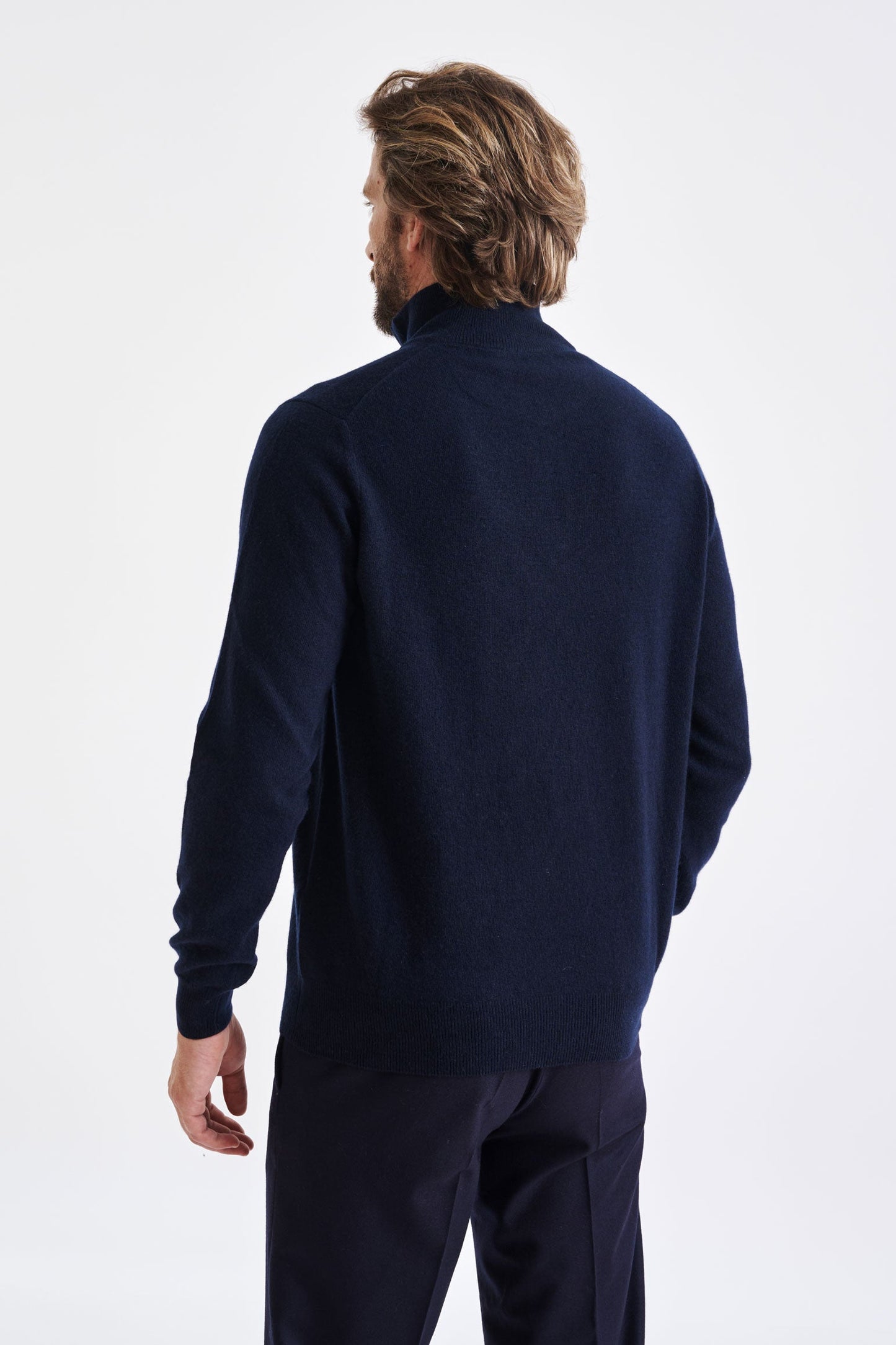 Navy Wool and Cashmere Plockton Zipped Mock Neck Sweater