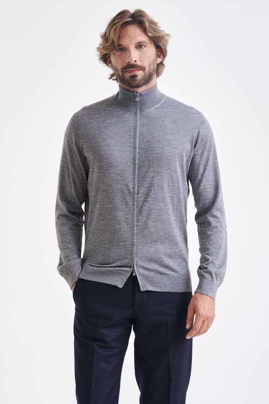 Mid Grey Melange Cashmere & Silk Repton Fullzip Sweater