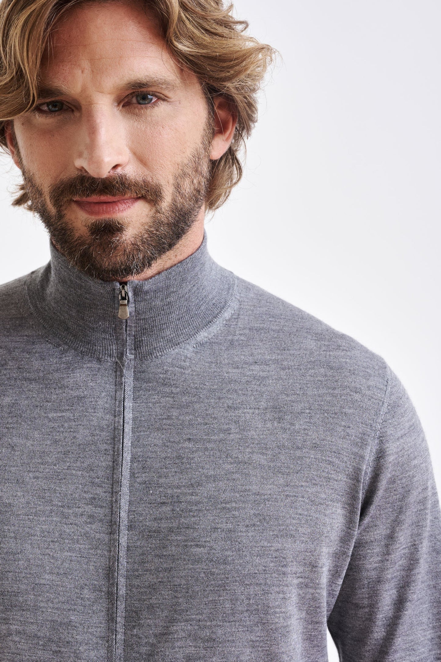 Mid Grey Melange Cashmere & Silk Repton Fullzip Sweater