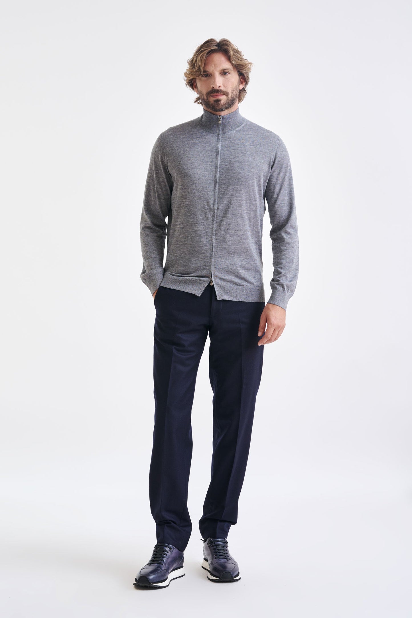 Mid Grey Melange Cashmere & Silk Repton Fullzip Sweater