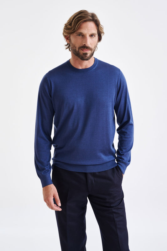 Metal Blue Cashmere Merino Silk Blend Crewe Sweater