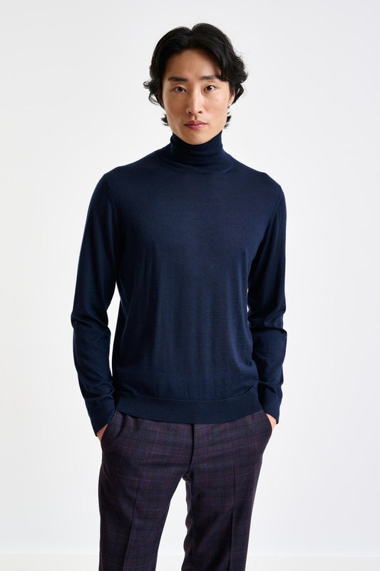 Navy Cashmere Merino Silk Blend Telford Turtleneck Sweater