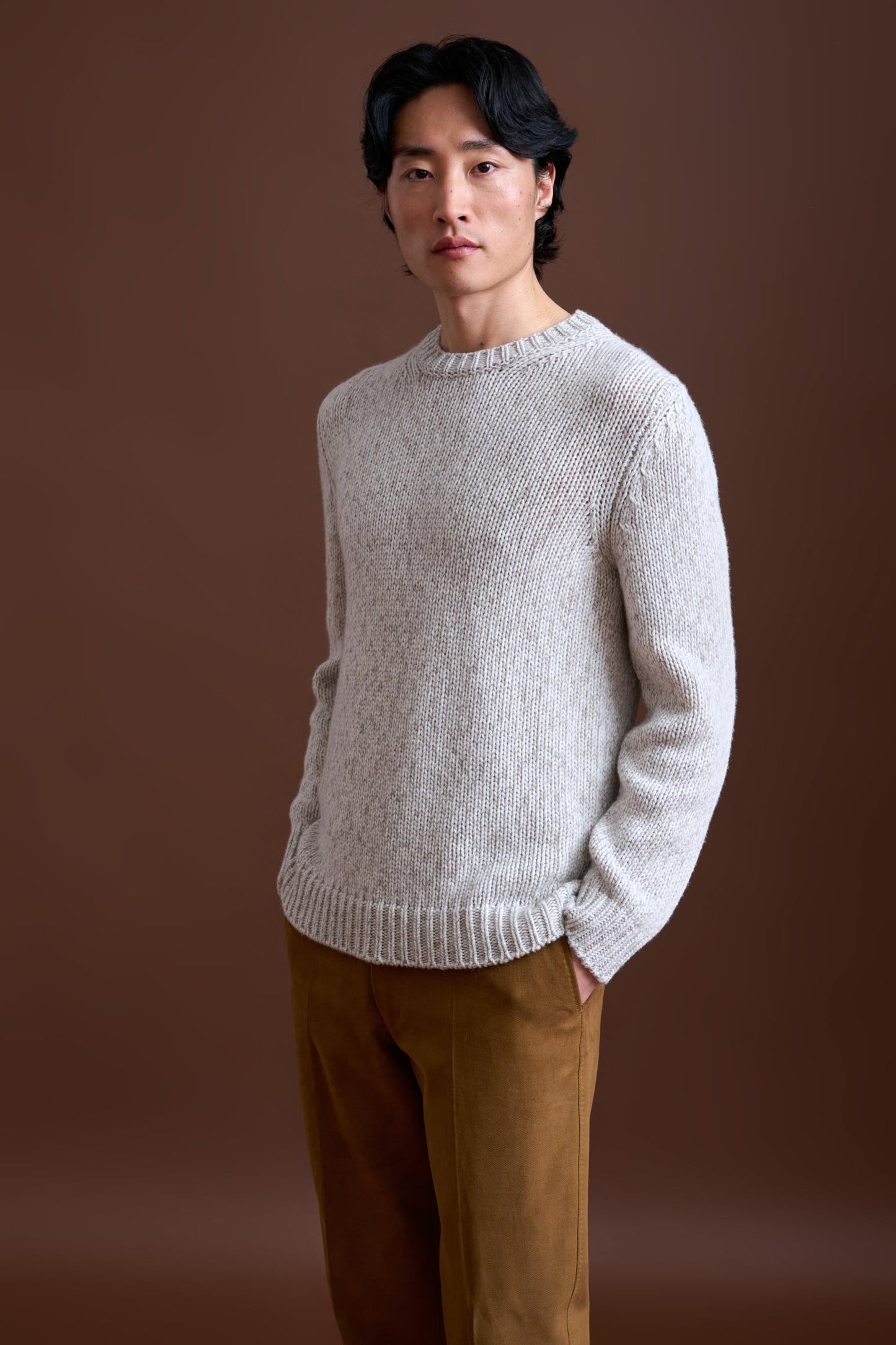 Beige Melange Wool & Cashmere Mouline Totnes Crewneck Knit