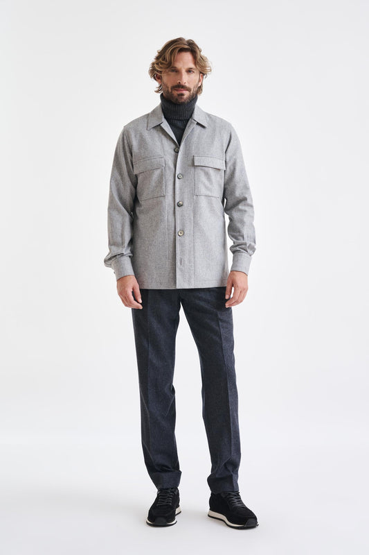 Grey Super 100's Wool Shirt Jacket Flannel Saxony