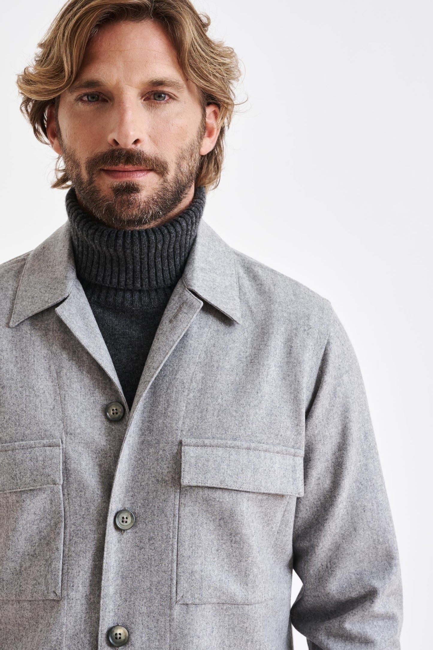 Grey Super 100's Wool Shirt Jacket Flannel Saxony