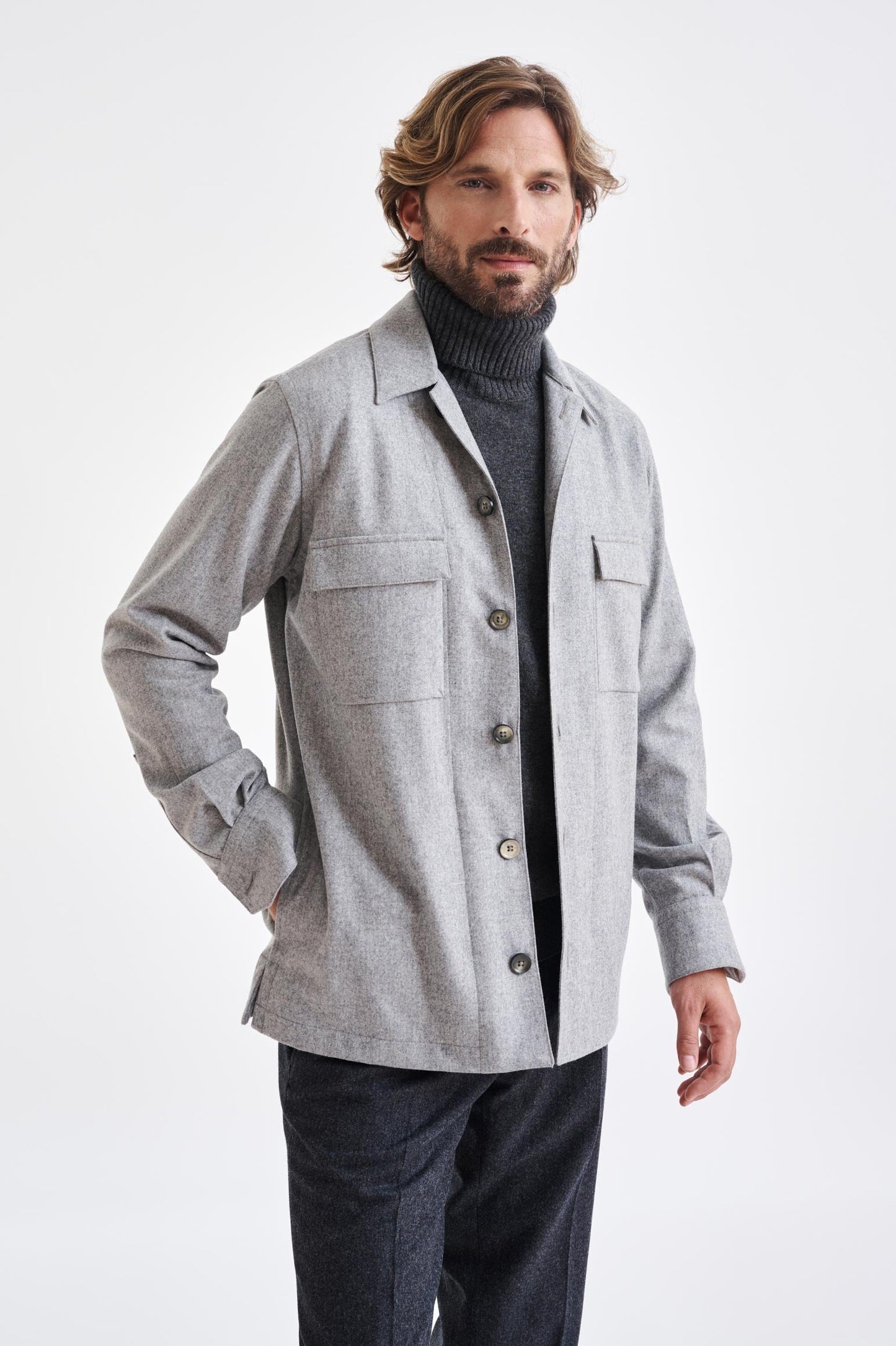 Grey Super 100's Wool Shirt Jacket Flannel Saxony